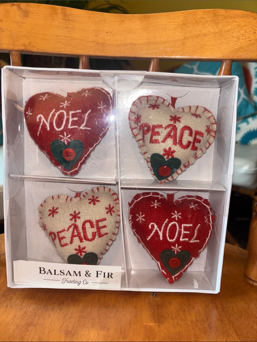 Balsam & Fir Red and Cream Heart Holiday Ornament Set - Set of 4
